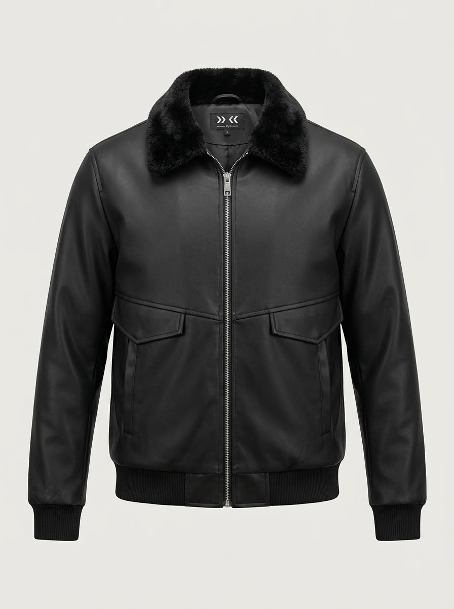 Aviator Faux Leather Bomber Jacket — Midnight Noir
