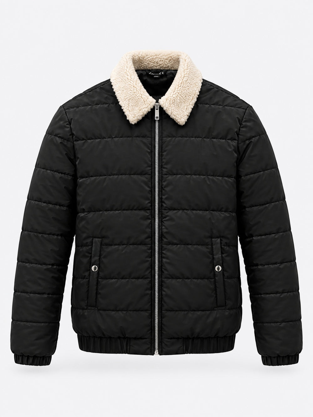 Shearling Collar Quilted Puffer Jacket — Matte Black