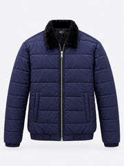 Fur-Collar Channel-Quilted Puffer Jacket — Royal Navy