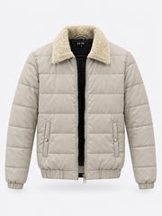 Shearling Collar Quilted Puffer Jacket — Stone Oatmeal