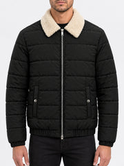 Shearling Collar Quilted Puffer Jacket — Matte Black