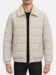 Shearling Collar Quilted Puffer Jacket — Stone Oatmeal