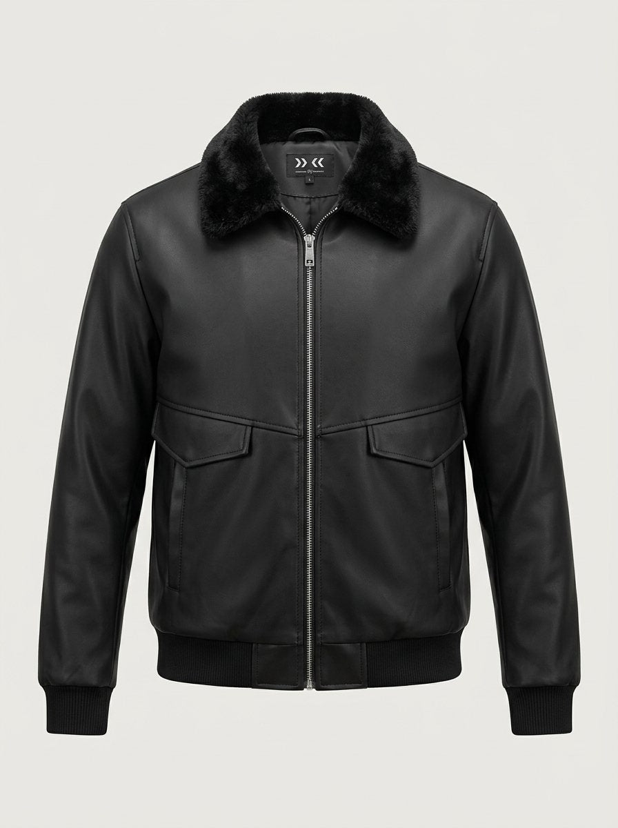 Aviator Faux Leather Bomber Jacket — Midnight Noir