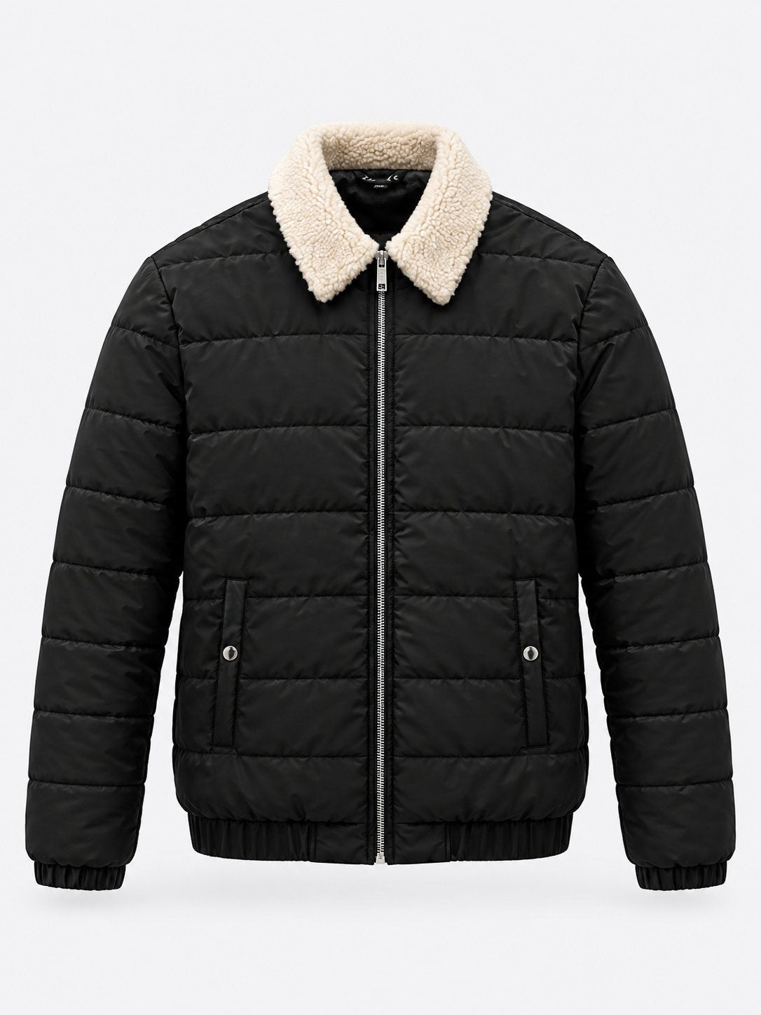 Shearling Collar Quilted Puffer Jacket — Matte Black
