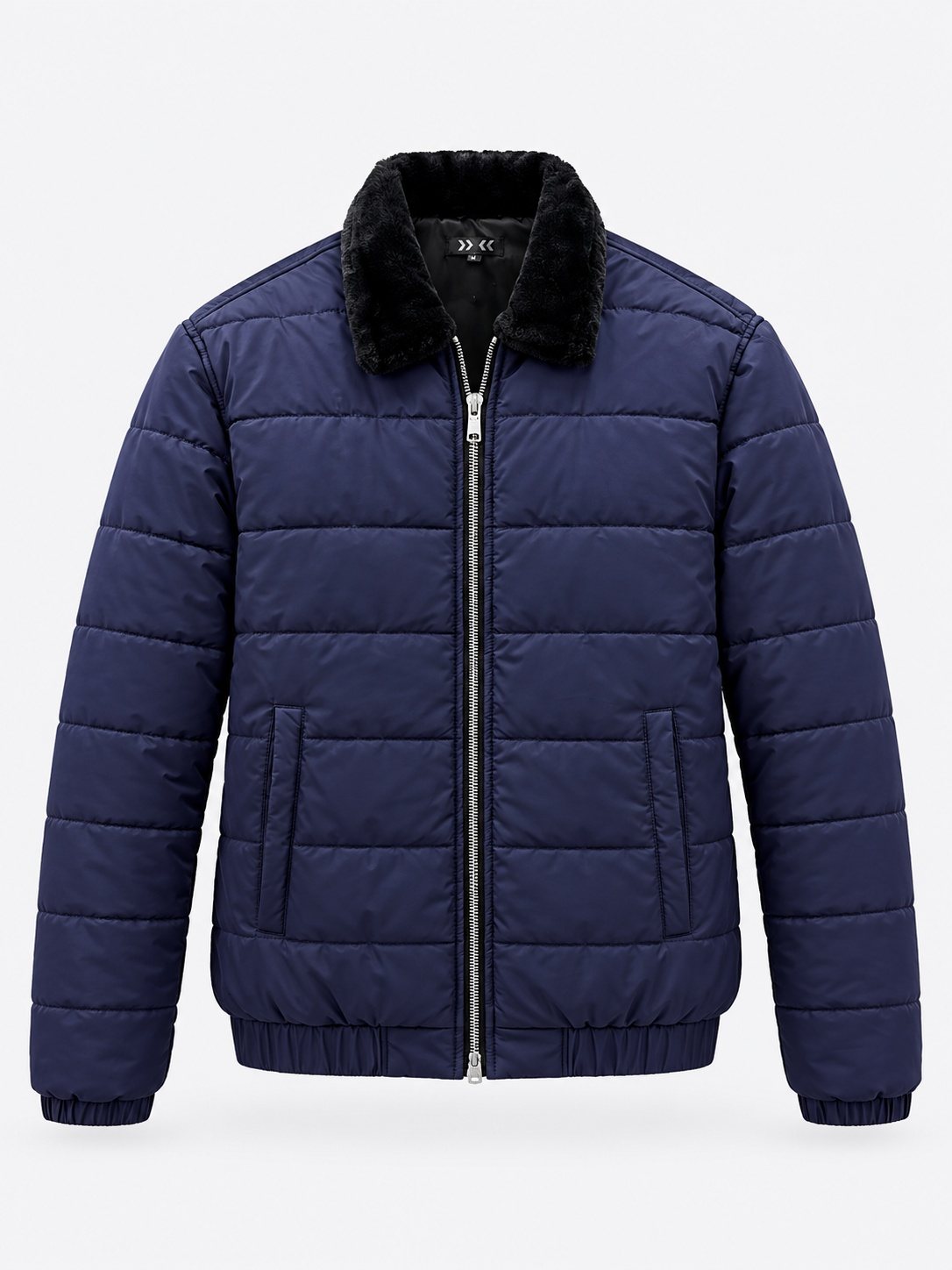 Fur-Collar Channel-Quilted Puffer Jacket — Royal Navy