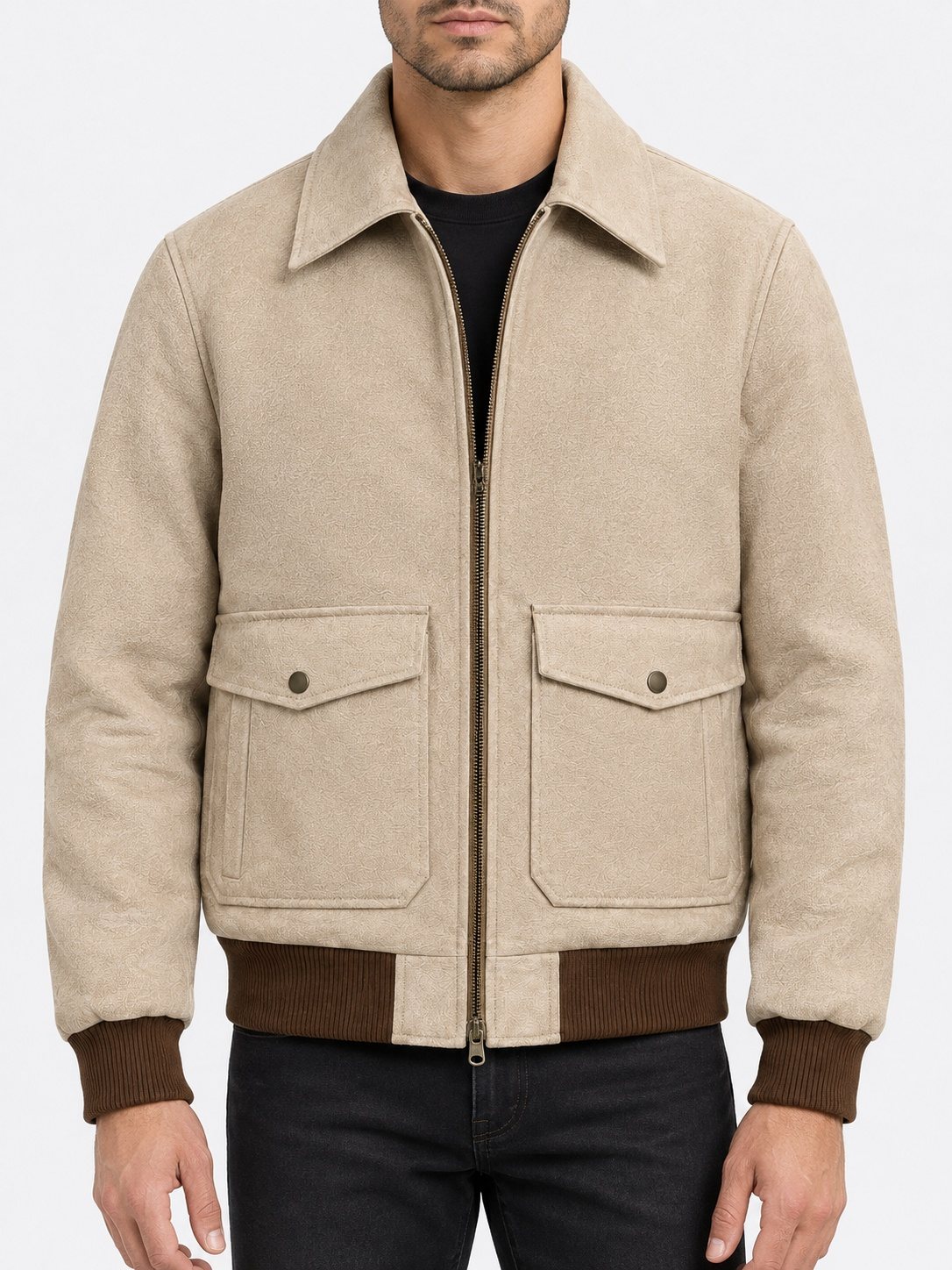 Suede Pilot Flight Bomber Jacket — Sandstone Beige on model