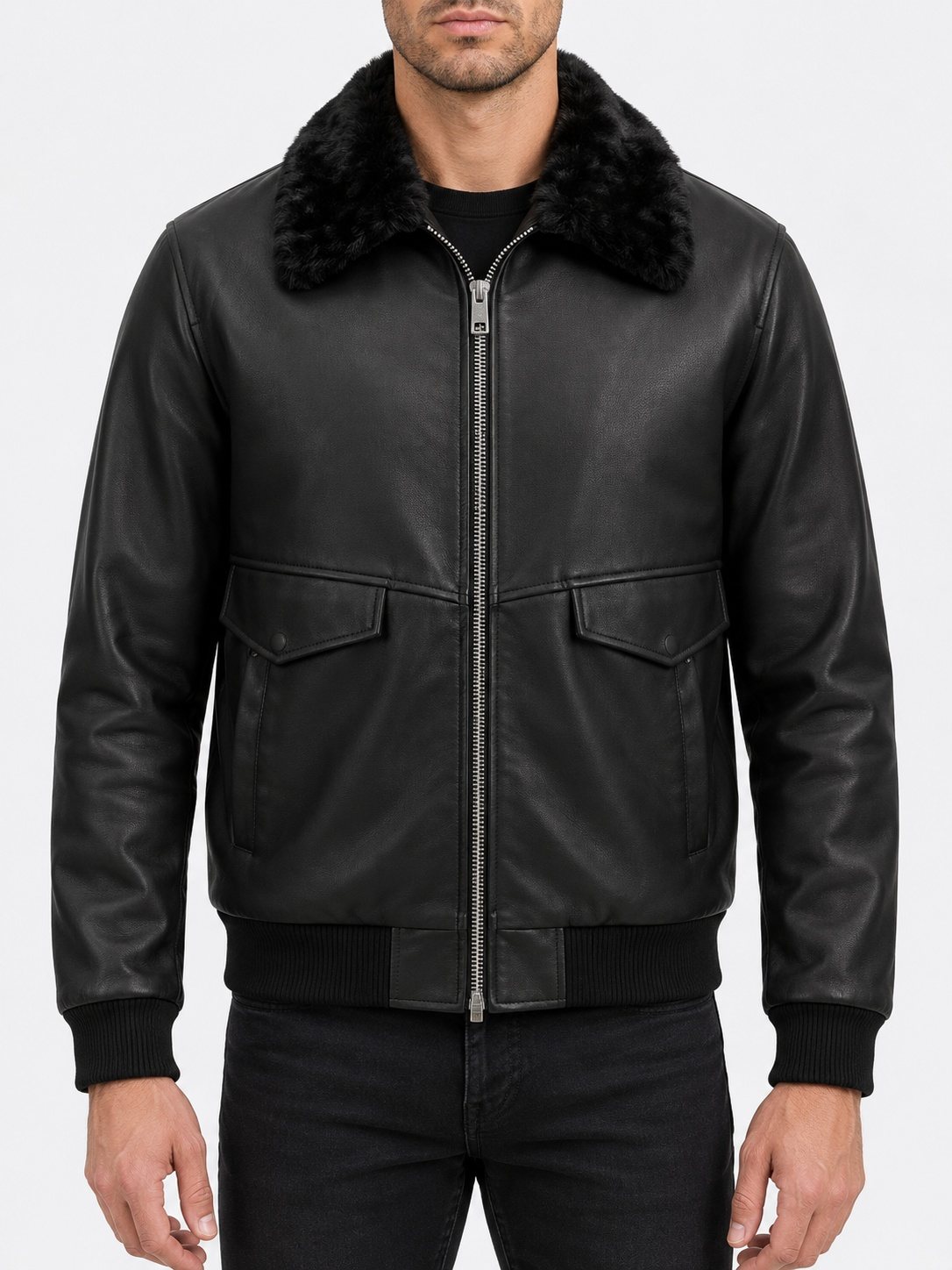 Aviator Faux Leather Bomber Jacket — Midnight Noir on model