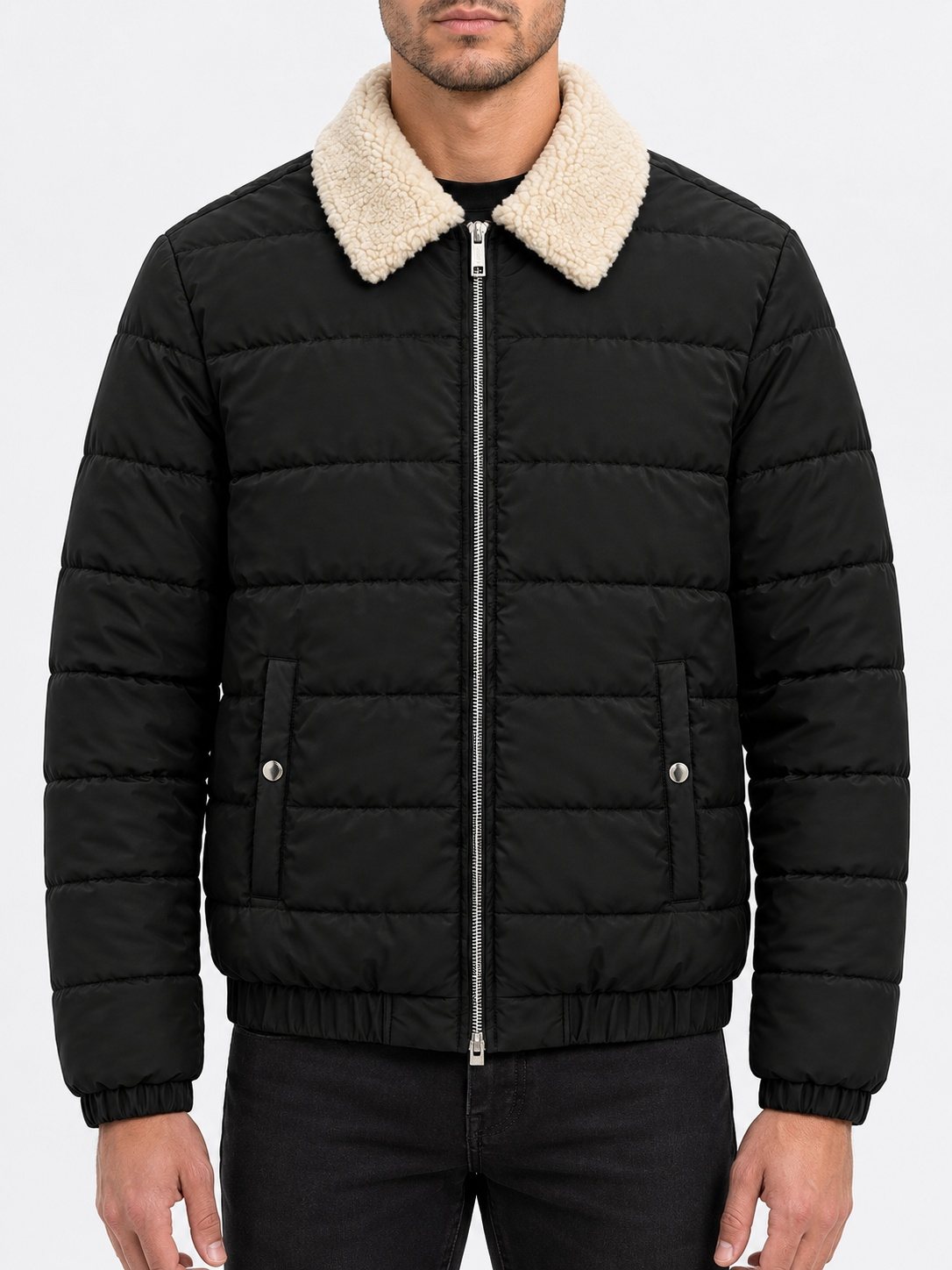 Shearling Collar Quilted Puffer Jacket — Matte Black on model
