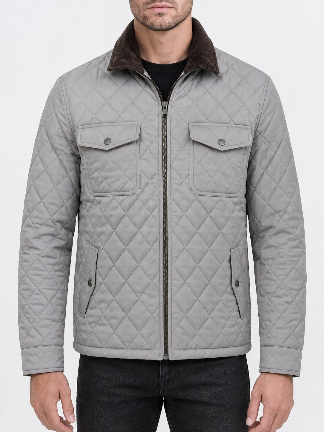 The Diamond-Quilted Barn Jacket — Ash Grey on model