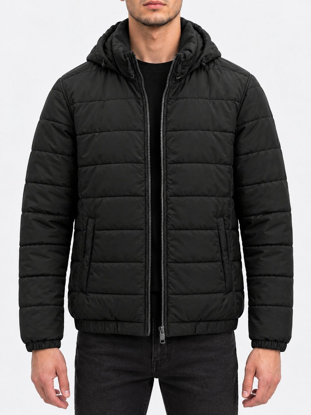 Thermal Hooded Channel-Quilted Puffer Jacket — Obsidian Black on model