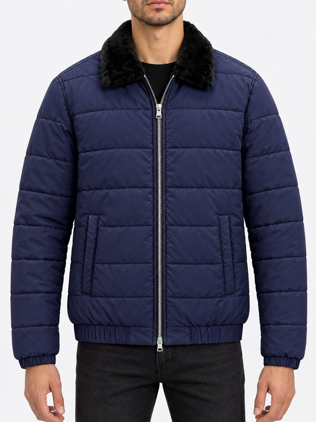 Fur-Collar Channel-Quilted Puffer Jacket — Royal Navy on model