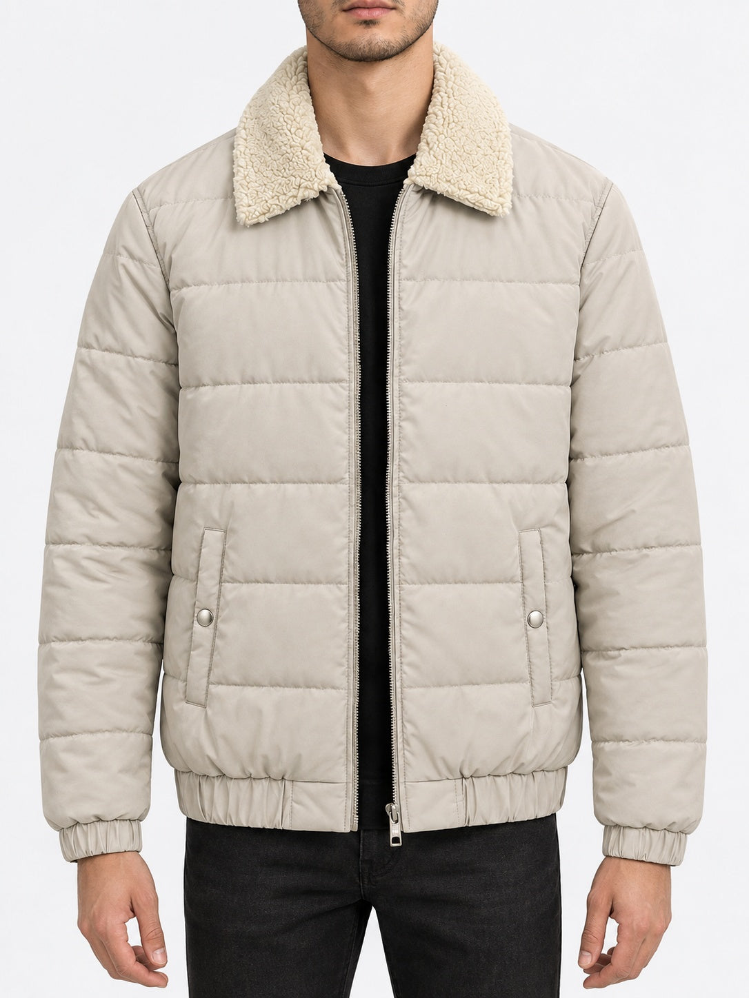 Shearling Collar Quilted Puffer Jacket — Stone Oatmeal on model